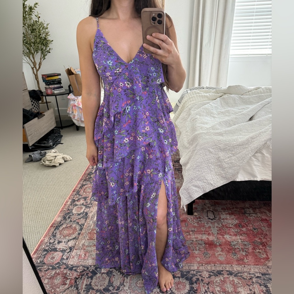 Astr purple floral Swiss dot ruffle wedding guest maxi dress small